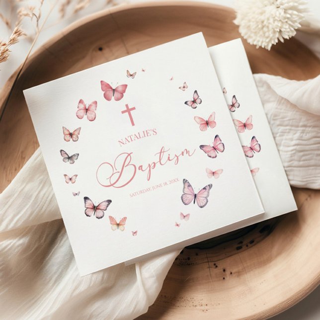 Serviette En Papier Élégant Baptême Papillon rose doux (Créateur téléchargé)