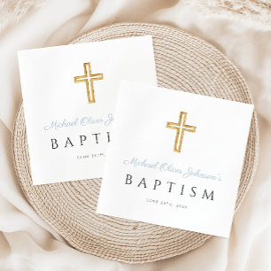 Serviette En Papier Élégant Bébé Bleu Script Religieux Garçon Baptême