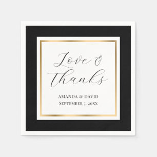 Serviette En Papier Élégant Black and Gold Love et Merci Mariage