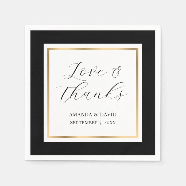 Serviette En Papier Élégant Black and Gold Love et Merci Mariage (Devant)
