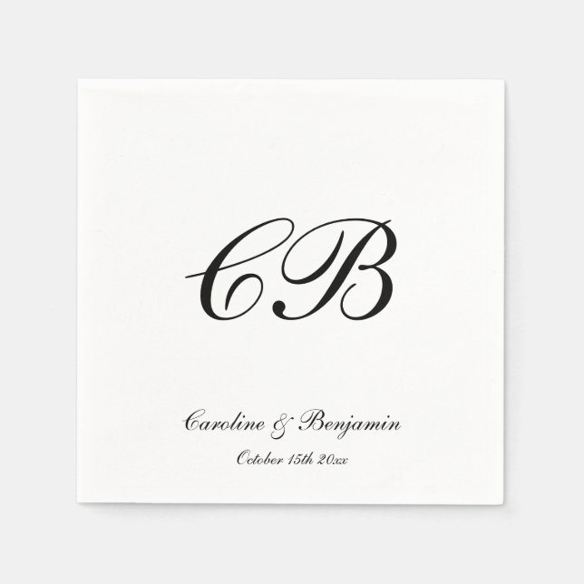 Serviette En Papier Elegant Black and White Script Monogram Wedding (Devant)