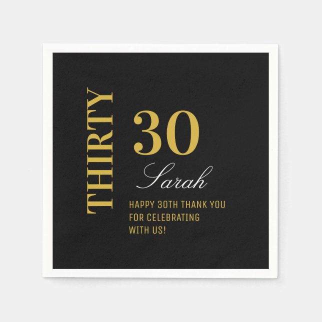 Serviette En Papier Elégant Black Gold 30 Anniversaire Cocktail Party (Devant)
