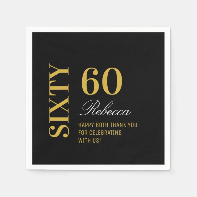 Serviette En Papier Elégant Black Gold 60 Anniversaire Cocktail (Devant)