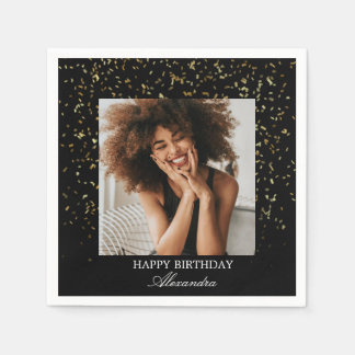 Serviette En Papier Elegant Black & Gold Confetti Birthday Photo