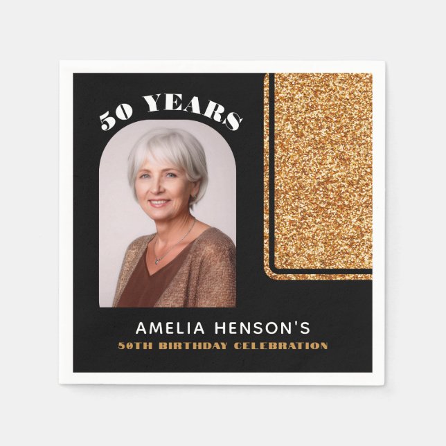 Serviette En Papier Elegant Black Gold Glitter Photo 50th Birthday  (Devant)