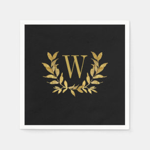 Serviette En Papier Élégant Black Gold Moderne Monogramme Mariage