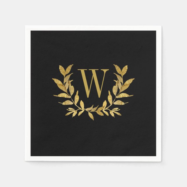 Serviette En Papier Élégant Black Gold Moderne Monogramme Mariage (Devant)