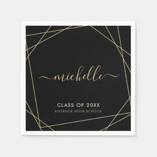 Serviette En Papier Élégant Black Gold Nom Script Graduation Napkins