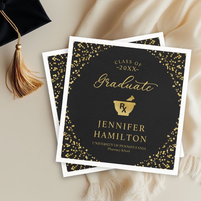 Serviette En Papier Élégant Black Gold Pharmacy School Graduation (Créateur téléchargé)