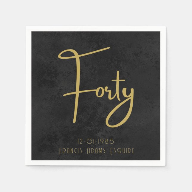 Serviette En Papier Elegant Black & Gold Script Forty Modern Birthday (Devant)