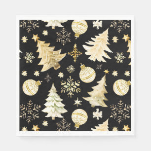 Serviette En Papier Élégant Black Gold Snowflakes Christmas Tree Balls