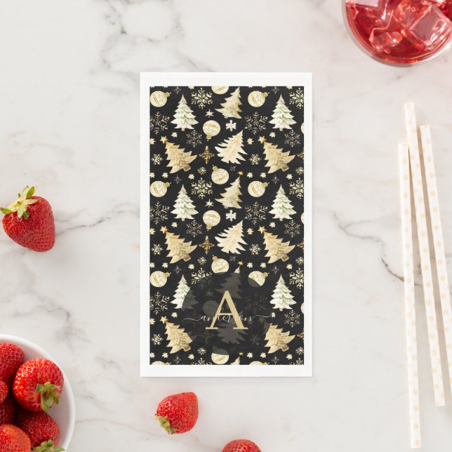 Serviette En Papier Élégant Black Gold Snowflakes Christmas Tree Balls (En situation)