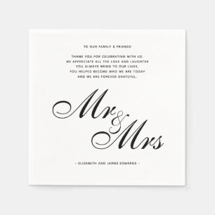 Serviette En Papier Elegant Black Mr et Mme Mariage Merci Message