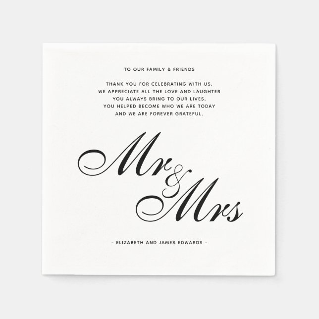 Serviette En Papier Elegant Black Mr et Mme Mariage Merci Message (Devant)