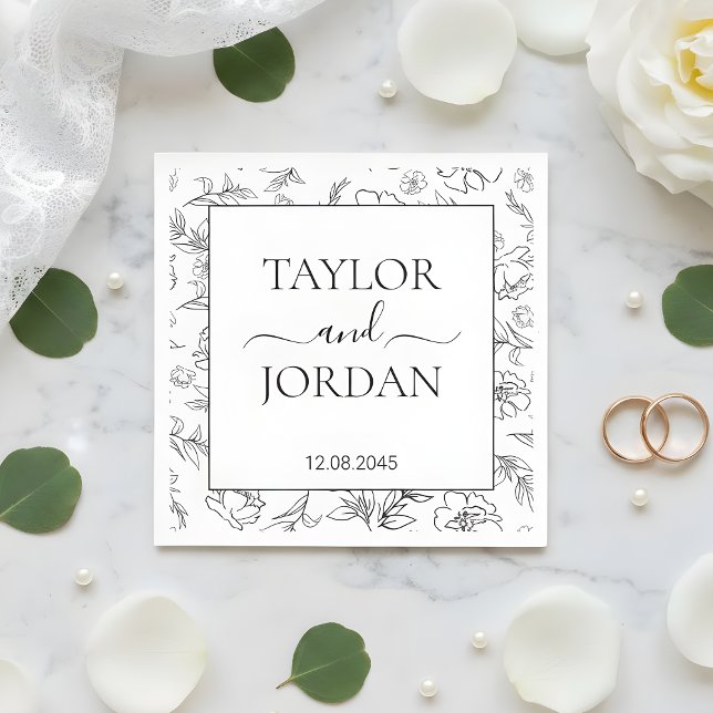 Serviette En Papier Elegant Black & White Floral Wedding Custom Napkin (Créateur téléchargé)