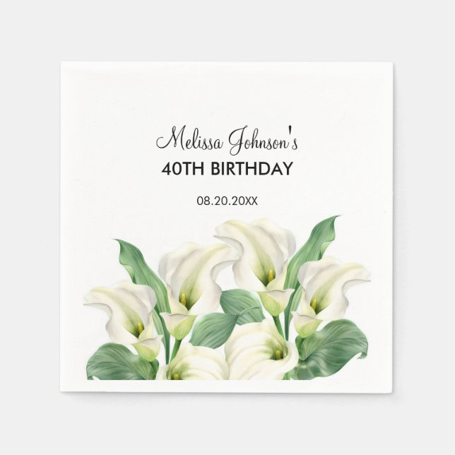 Serviette En Papier Elégant Blanc Calla Lily Floral Anniversaire (Devant)