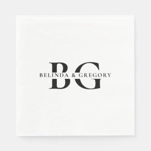 Serviette En Papier Élégant blanc Monogramme noir Initiales Mariage