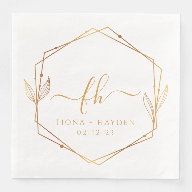 Serviette En Papier Elégant Blanc Or Luxe Floral Mariage Monogramme (Devant)
