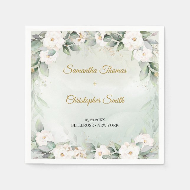 Serviette En Papier Elégant blanc Roses Floral Garden mariage (Devant)