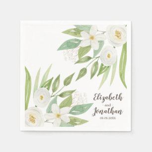 Serviette En Papier Elégant blanc & vert Aquarelle Mariage floral