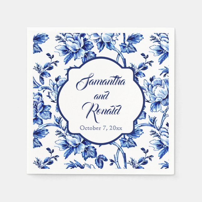 Serviette En Papier Elégant bleu blanc Mariage en toile florale (Devant)