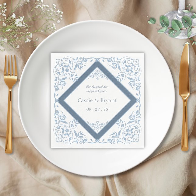 Serviette En Papier Elégant bleu et blanc côtier chic Mariage (elegant white and blue vintage fairytale coastal chic wedding table setting napkins with chinoserie)