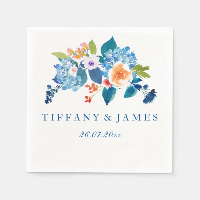 Serviette En Papier Elégant bleu et Pêcher Mariage floral Napkin (Devant)
