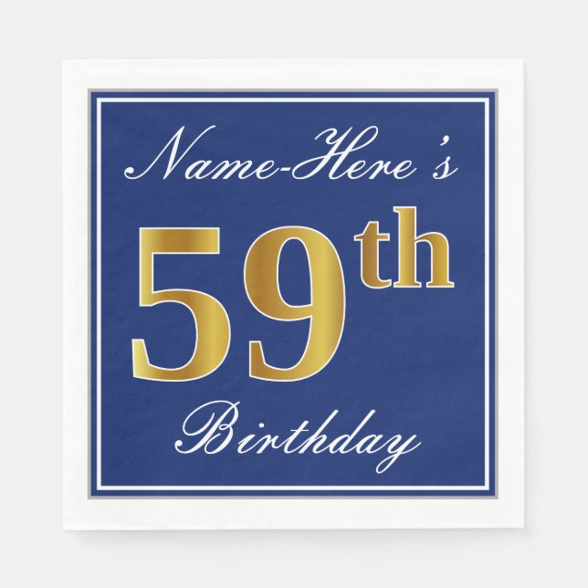 Serviette En Papier Elégant bleu, Faux Gold 59e anniversaire; Nom pers (Devant)