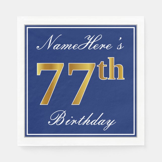 Serviette En Papier Elégant bleu, Faux Gold 77e anniversaire; Nom pers (Devant)