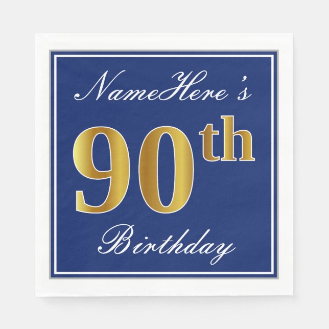 Serviette En Papier Elégant bleu, Faux Gold 90e anniversaire; Nom pers (Devant)