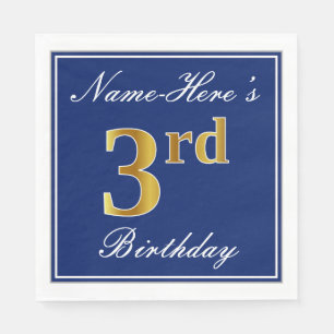 Serviette En Papier Elégant bleu, Faux or 3ème anniversaire + Nom pers