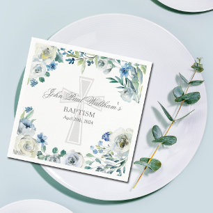 Serviette En Papier Élégant bleu floral croisé religieux Baptême