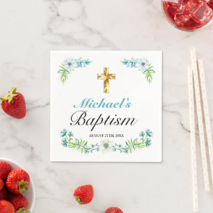 Serviette En Papier Élégant bleu Floral Gold Cross Baptême