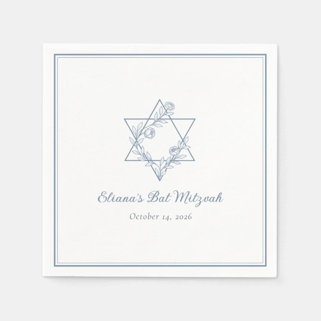 Serviette En Papier Elégant bleu floral juif Star Chic Bat mitzvah (Devant)