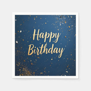 Serviette En Papier Elégant bleu foncé & Faux or Anniversaire