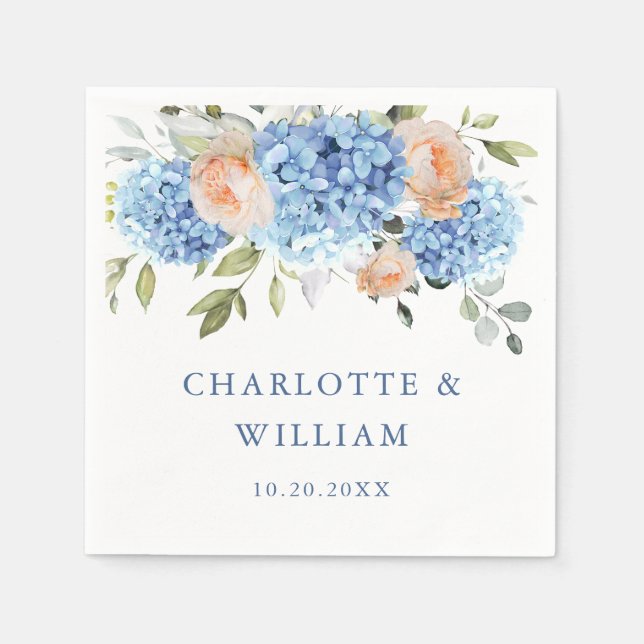 Serviette En Papier Élégant bleu Hydrangea rose Rose Mariage (Devant)