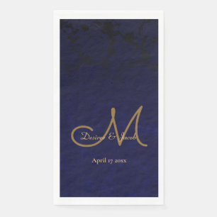 Serviette En Papier Élégant bleu marine bleu or Monogramme floral