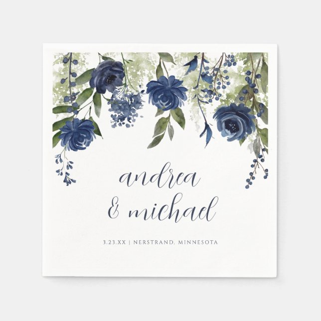 Serviette En Papier Elégant bleu marine Fleurs sauvages Floral Mariage (Devant)