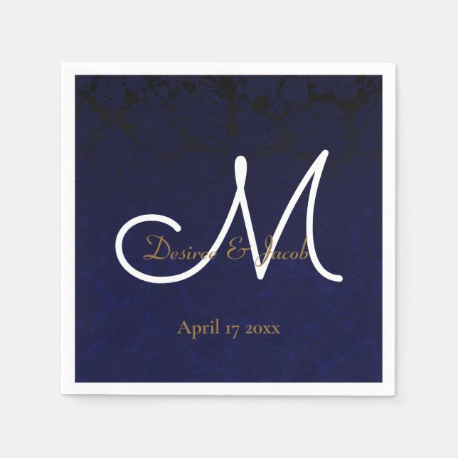 Serviette En Papier Elégant bleu marine or blanc Monogramme floral (Devant)