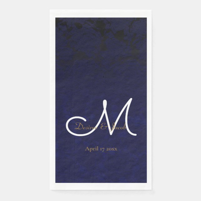 Serviette En Papier Elégant bleu marine or blanc Monogramme floral (Devant)