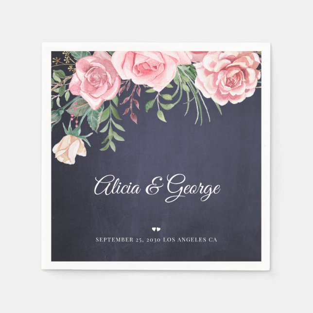 Serviette En Papier Elégant bleu marine rose aquarelle mariage (Devant)