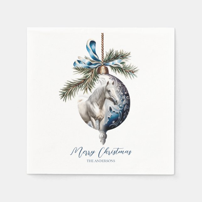 Serviette En Papier Élégant bleu Noël blanc cheval équestre (Devant)