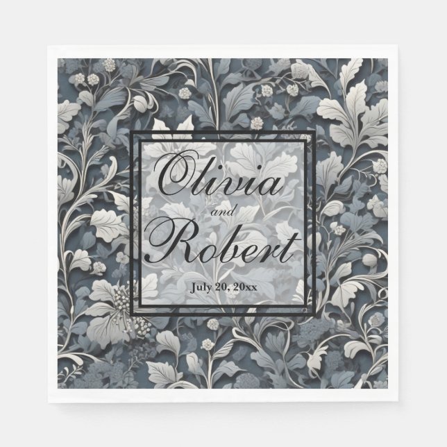 Serviette En Papier Élégant bleu poussiéreux argenté blanc gris floral (Devant)
