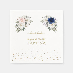 Serviette En Papier Elégant bleu rose Fleurs blanches jumeaux Baptême