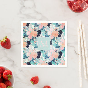 Serviette En Papier Elégant bleu rose Fleurs de menthe Aquarelle Flora