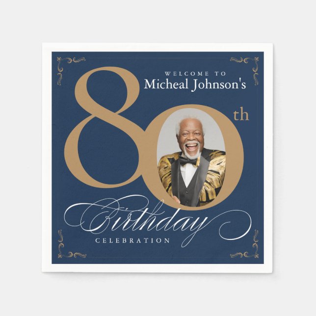 Serviette En Papier Elegant Blue and Gold Custom Photo 80th Birthday  (Devant)