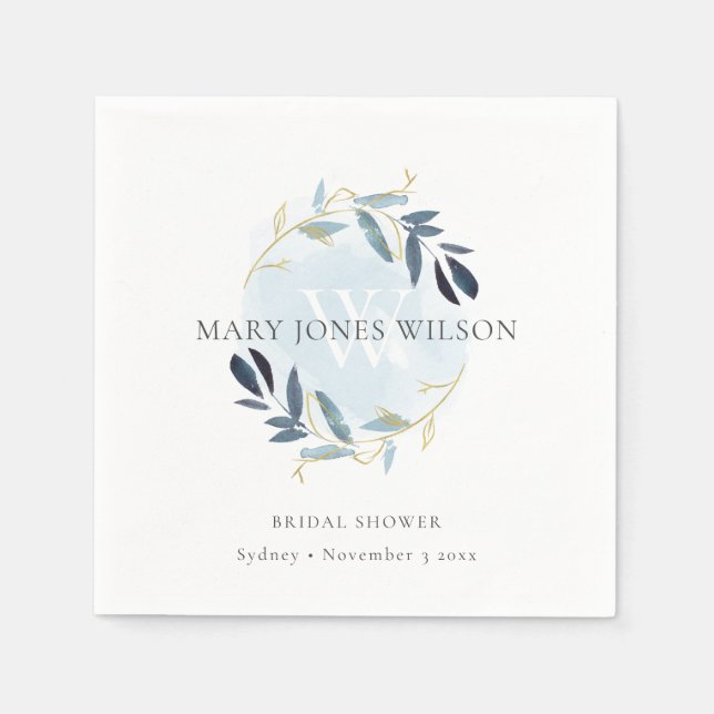 SERVIETTE EN PAPIER ÉLÉGANT BLUE GOLD FOLIAGE WREATTE FÊTE DES MARIÉES (Devant)