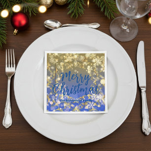 Serviette En Papier Élégant Blue Gold Snowflakes Joyeux Noël