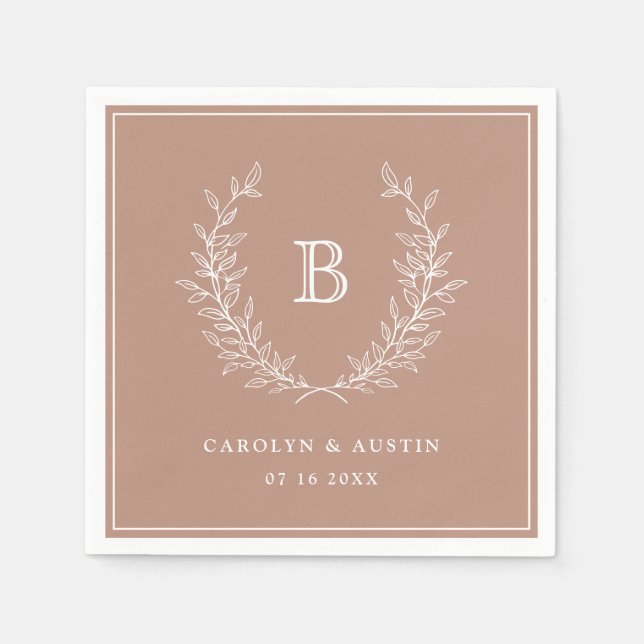 Serviette En Papier Élégant Blush Laurel Wreath Mariage Monogramme (Devant)