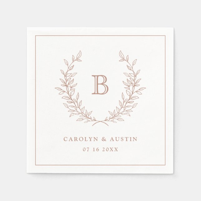 Serviette En Papier Élégant Blush Laurel Wreath Mariage Monogramme (Devant)